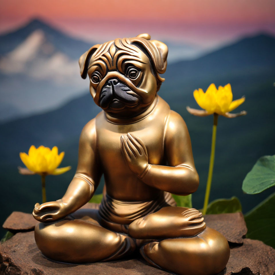 Bronze pug dog statue in meditative pose with yellow flowers and mountain backdrop