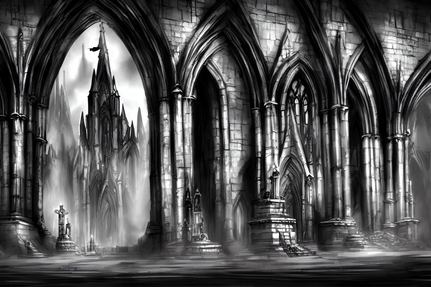 Detailed monochrome sketch of gothic cathedral interior with towering arches and figure at altar