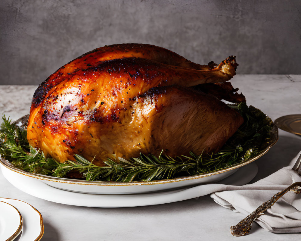 Golden-brown roasted turkey on platter with herb garnish for festive meal