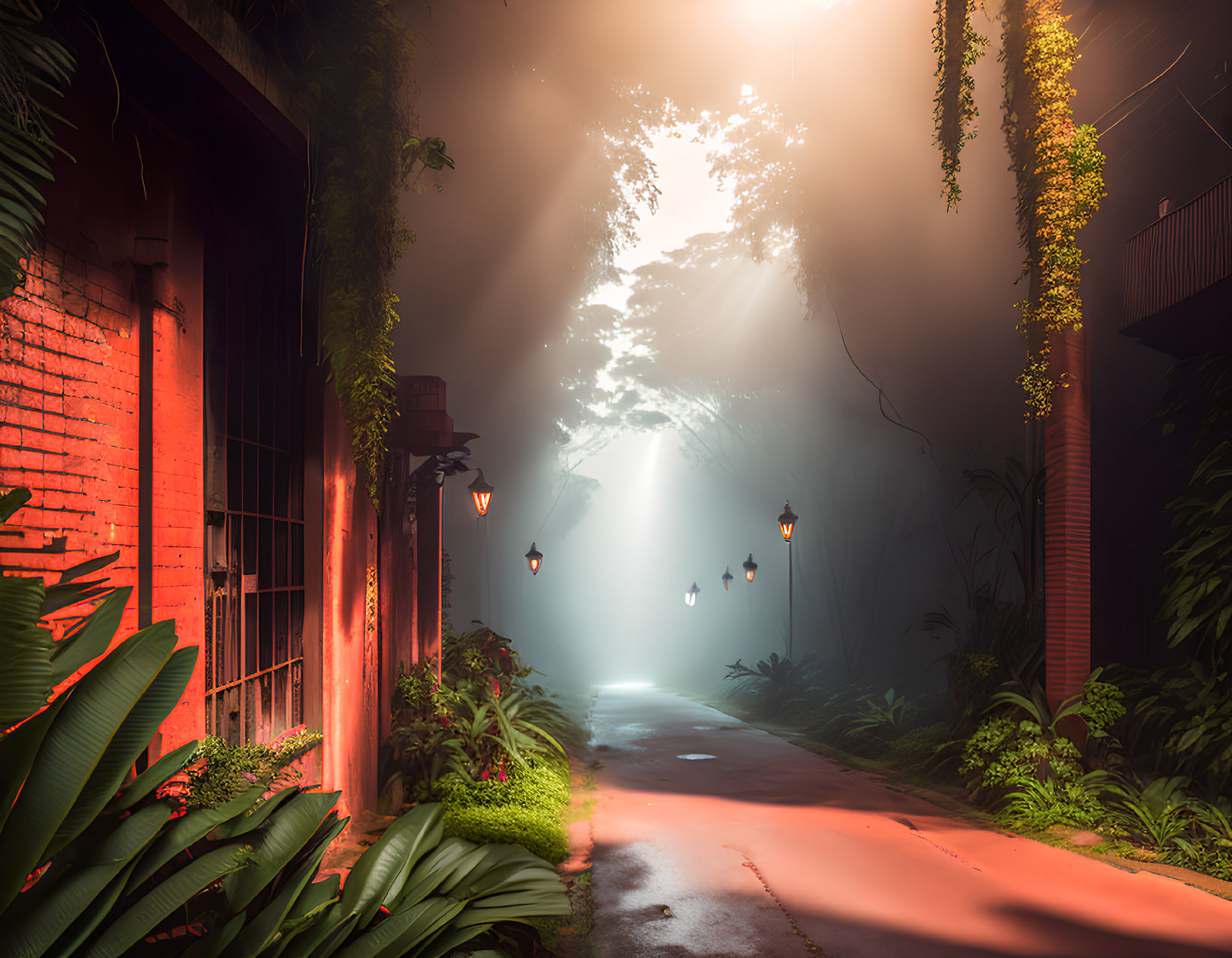 Mystical alley with lanterns, greenery, and brick walls