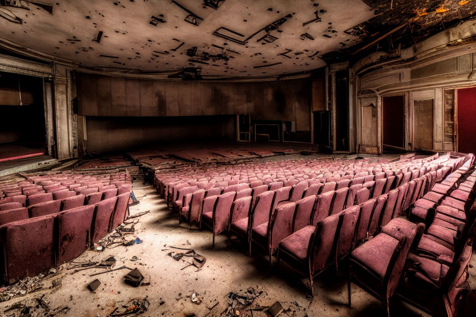 Decaying theater with damaged red seats and dilapidated stage