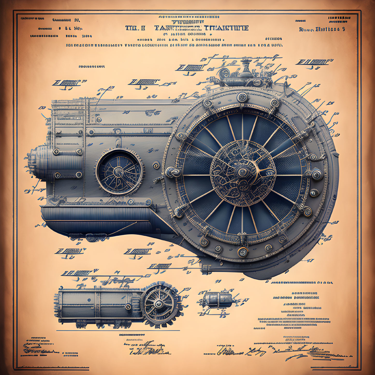 Detailed vintage blueprint of circular mechanical device with sepia tones and ornamental design.
