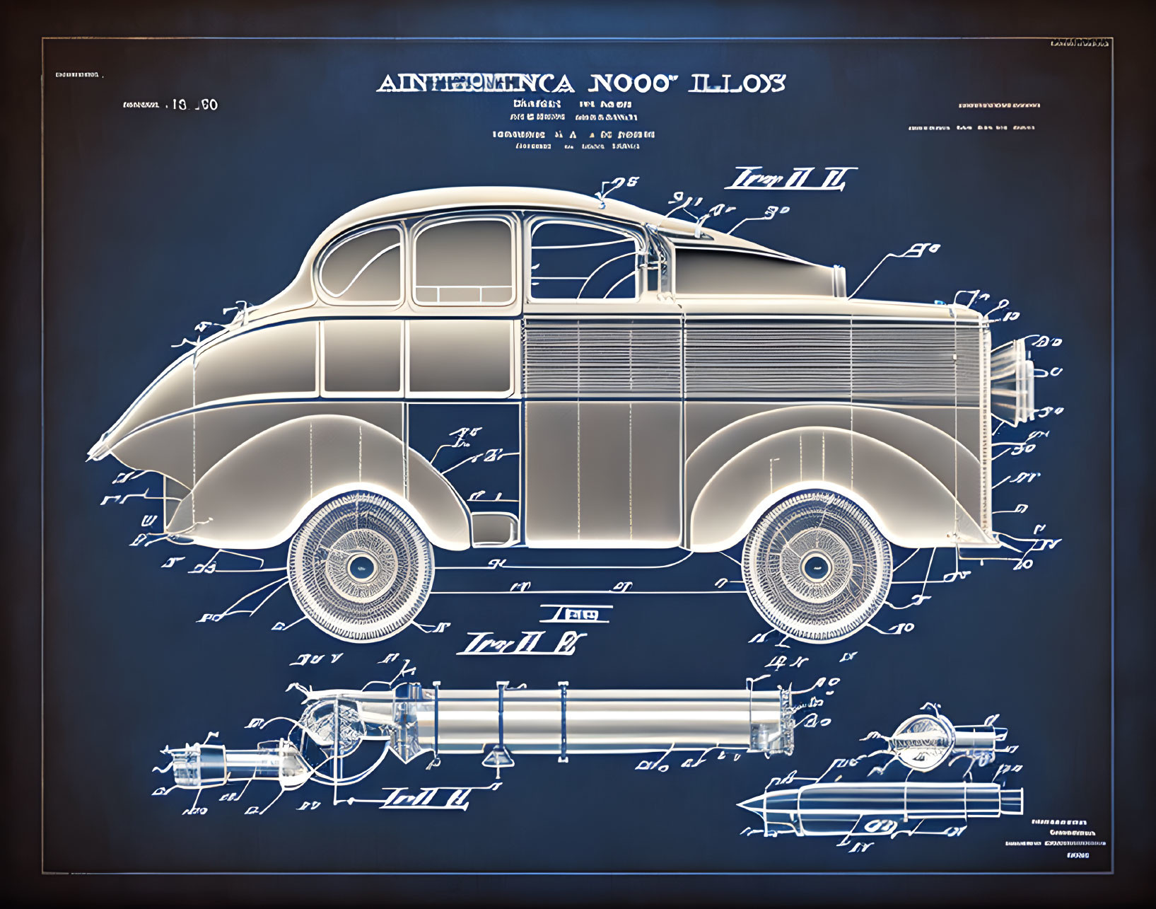 Detailed blueprint of vintage car in side, front, and top views