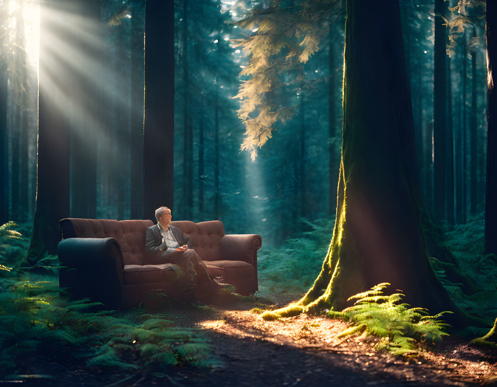 Tranquil forest scene with person on sofa in sunlight