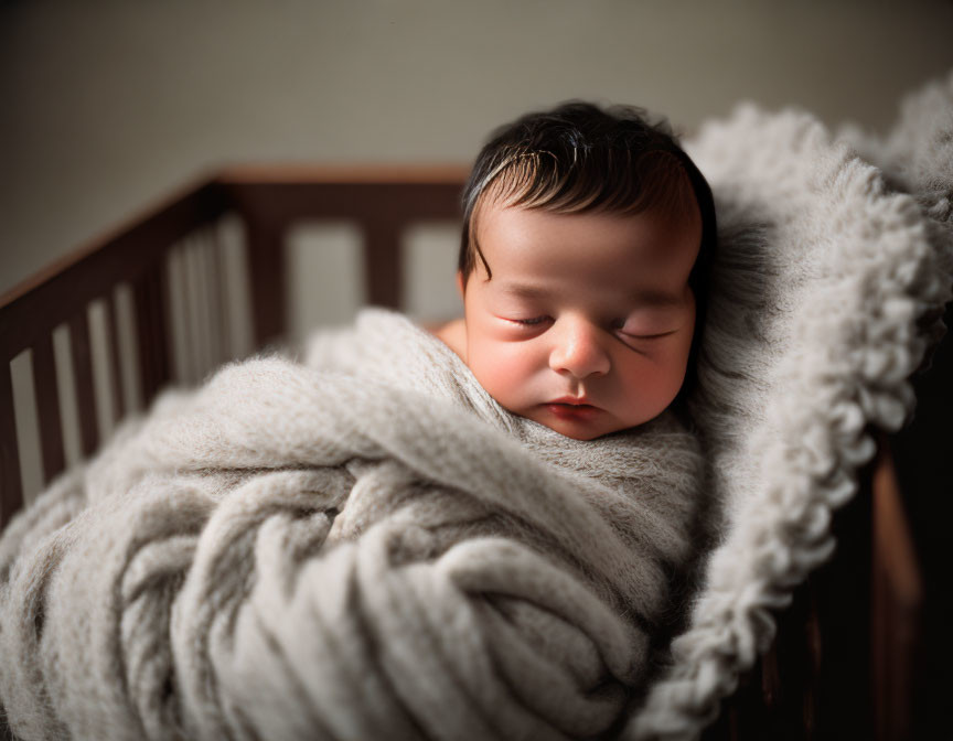 Peaceful Newborn Sleeping in Wooden Crib with Knit Blanket