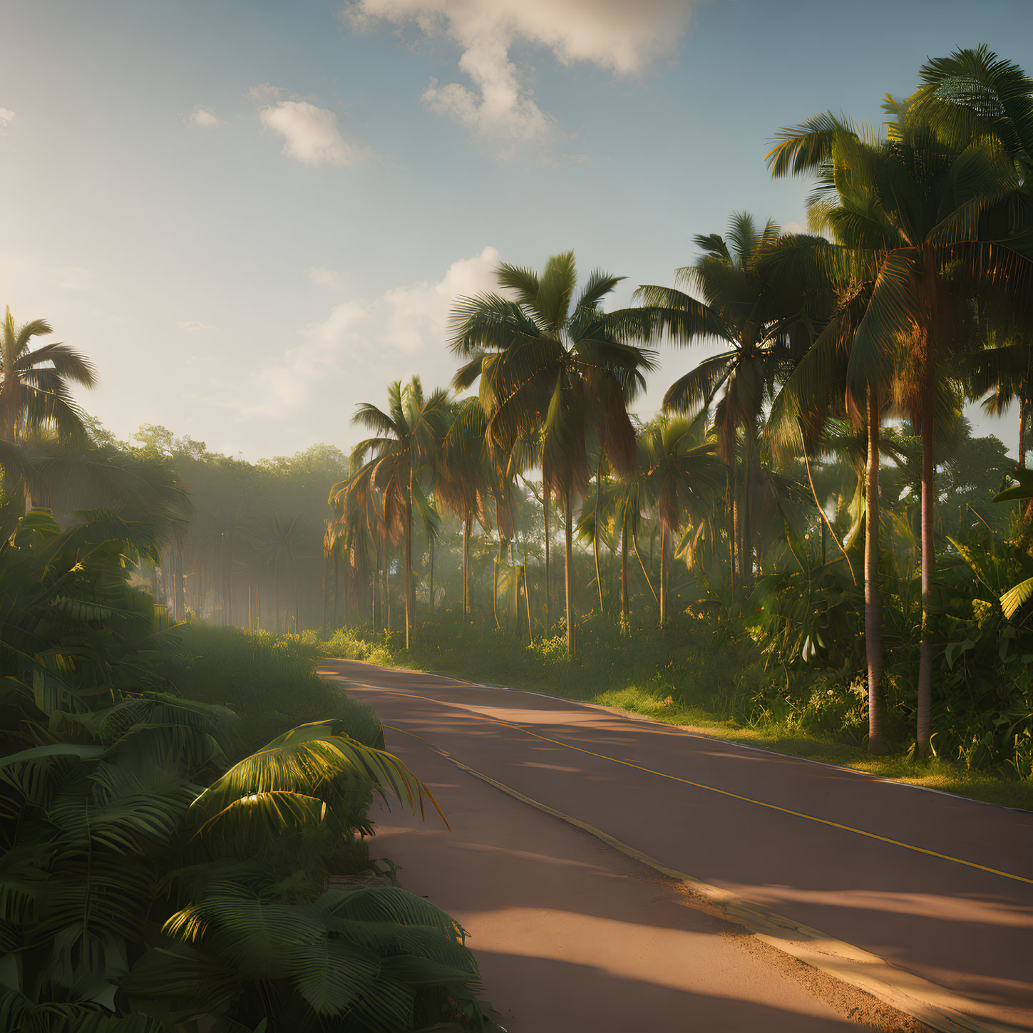 Tropical sunrise: winding road, palm trees, misty glow