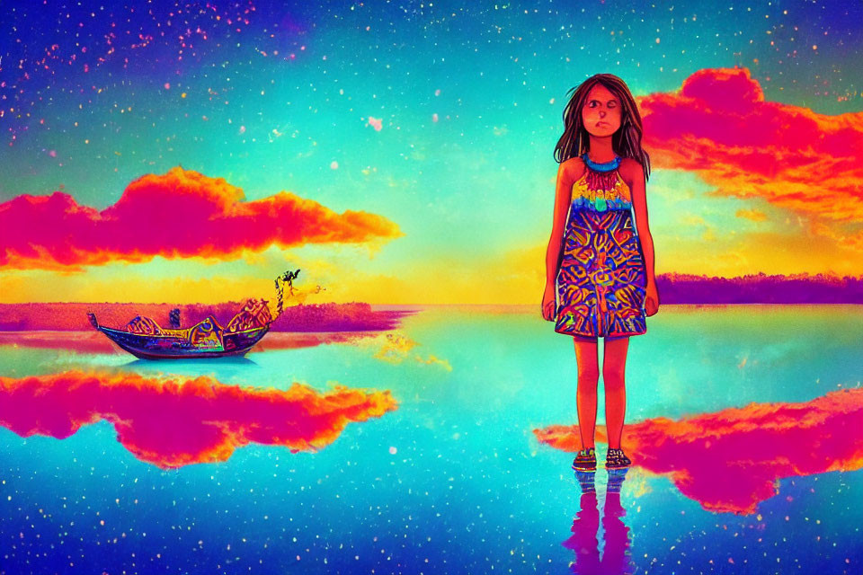 Young girl on water under vibrant sky with stars and colorful boat at surreal sunset