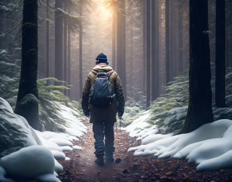 Person in Winter Clothing Walking Through Snowy Forest with Sunlight