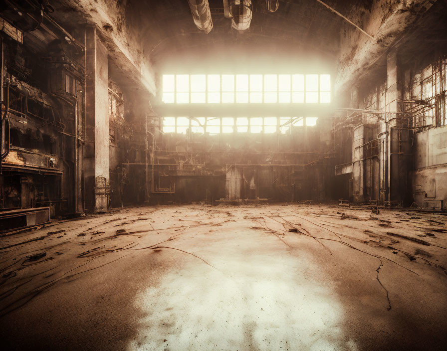 Decaying industrial building with sunlight highlighting cracked floor
