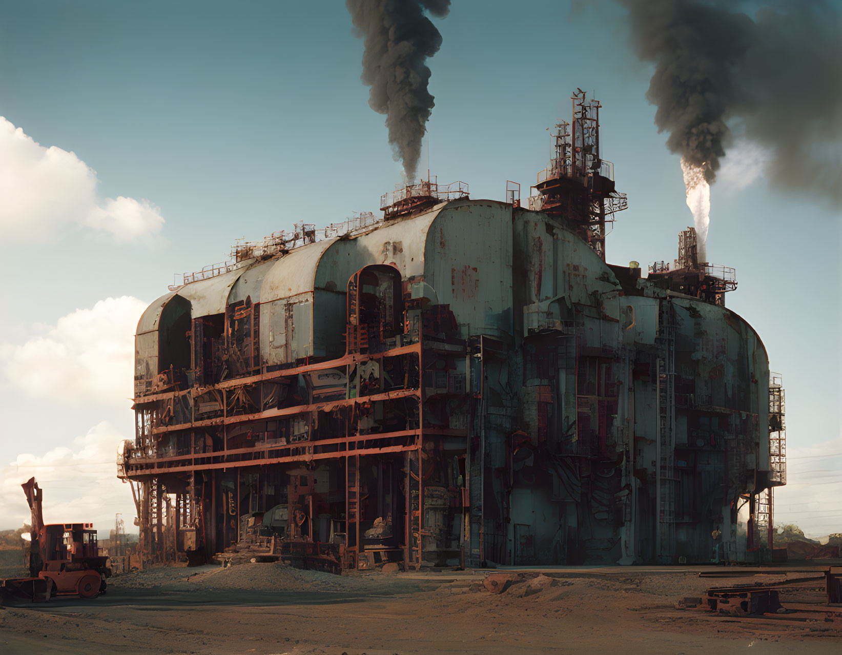 Industrial facility with smokestacks, rusted structures, and heavy machinery