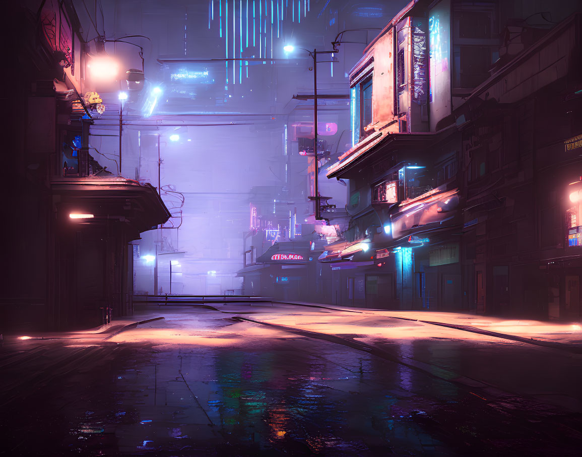 Futuristic neon-lit cityscape at night with wet streets and towering buildings
