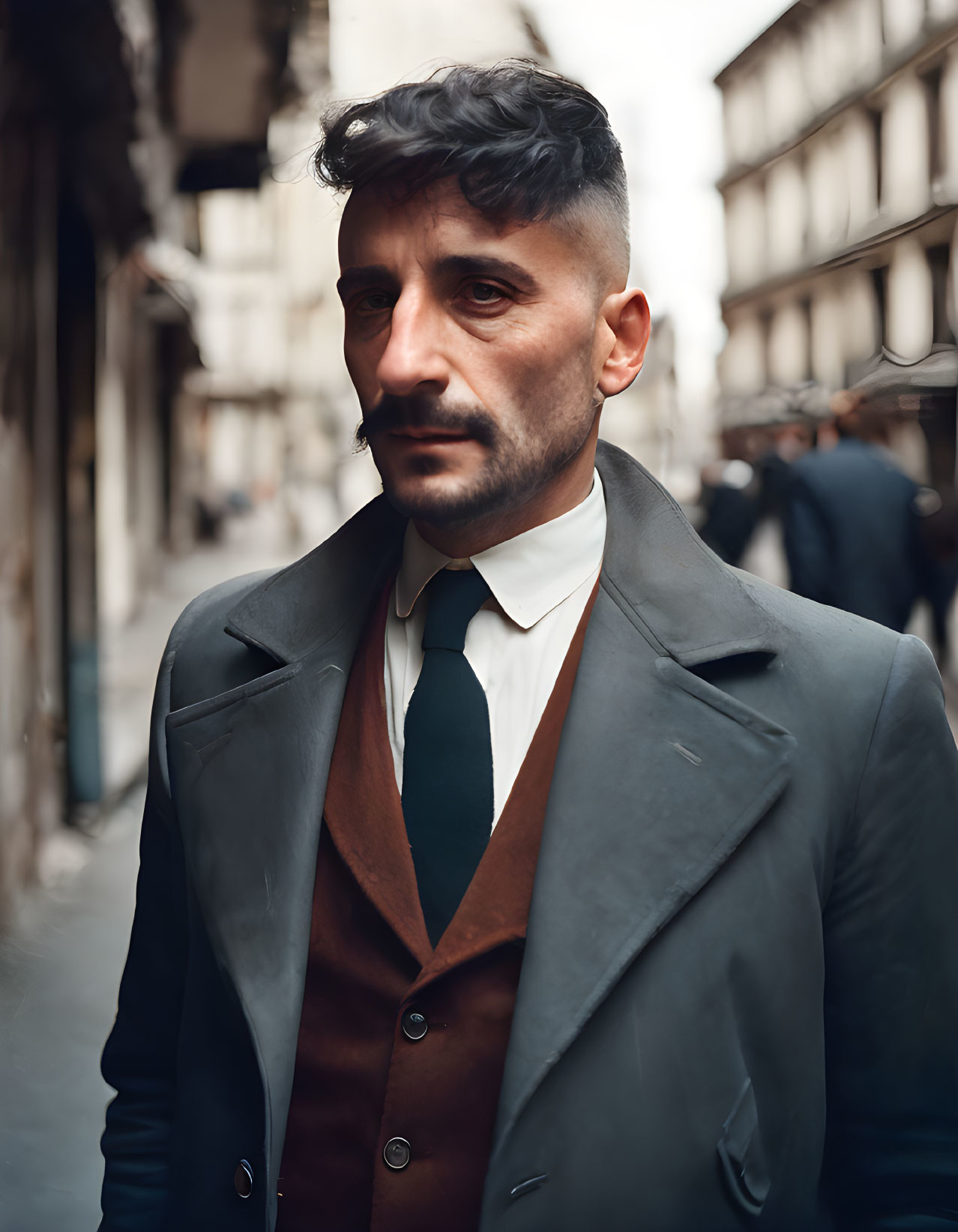 Stylish man with beard and mustache in coat on city street