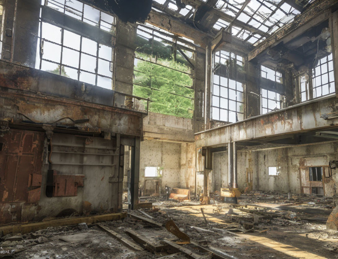 Abandoned industrial building with large windows and damaged ceilings