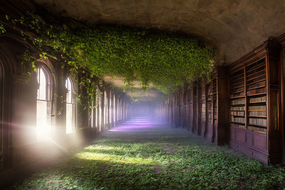 Abandoned library with sunlight, overgrown plants, and vines