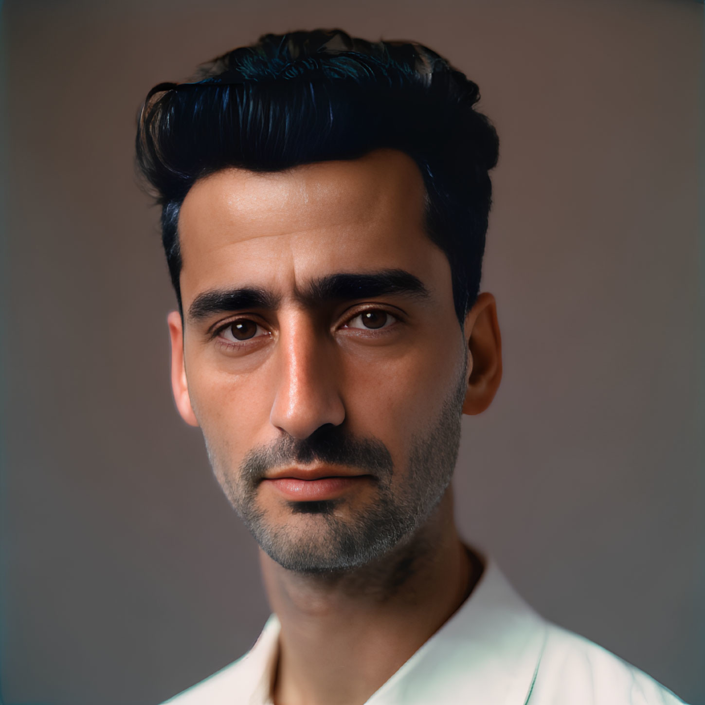 Serious man portrait with styled dark hair and short beard