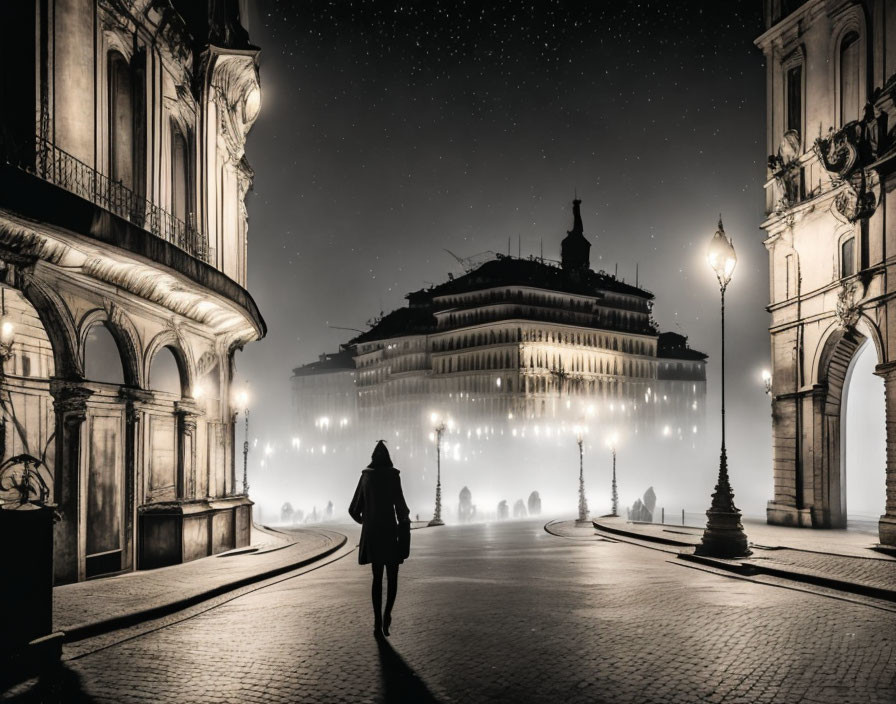 Lonely figure on foggy cobblestone street at night with classical buildings and illuminated structure