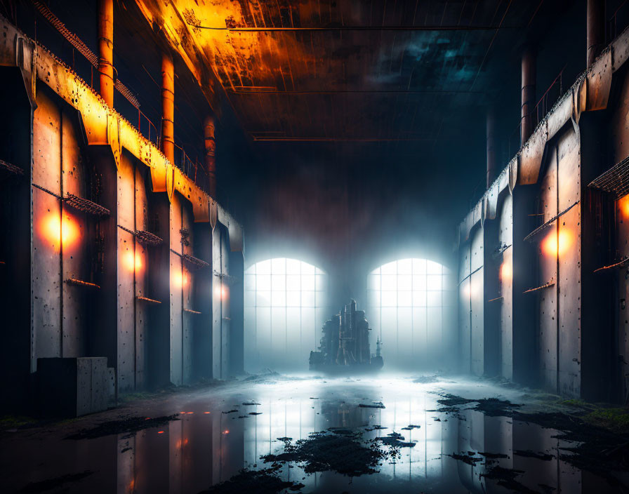 Industrial interior with tall columns, blue light, mist, glowing windows