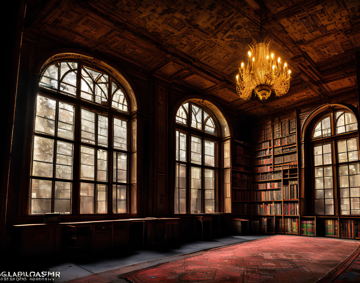 Opulent old library with tall arched windows and book-filled shelves