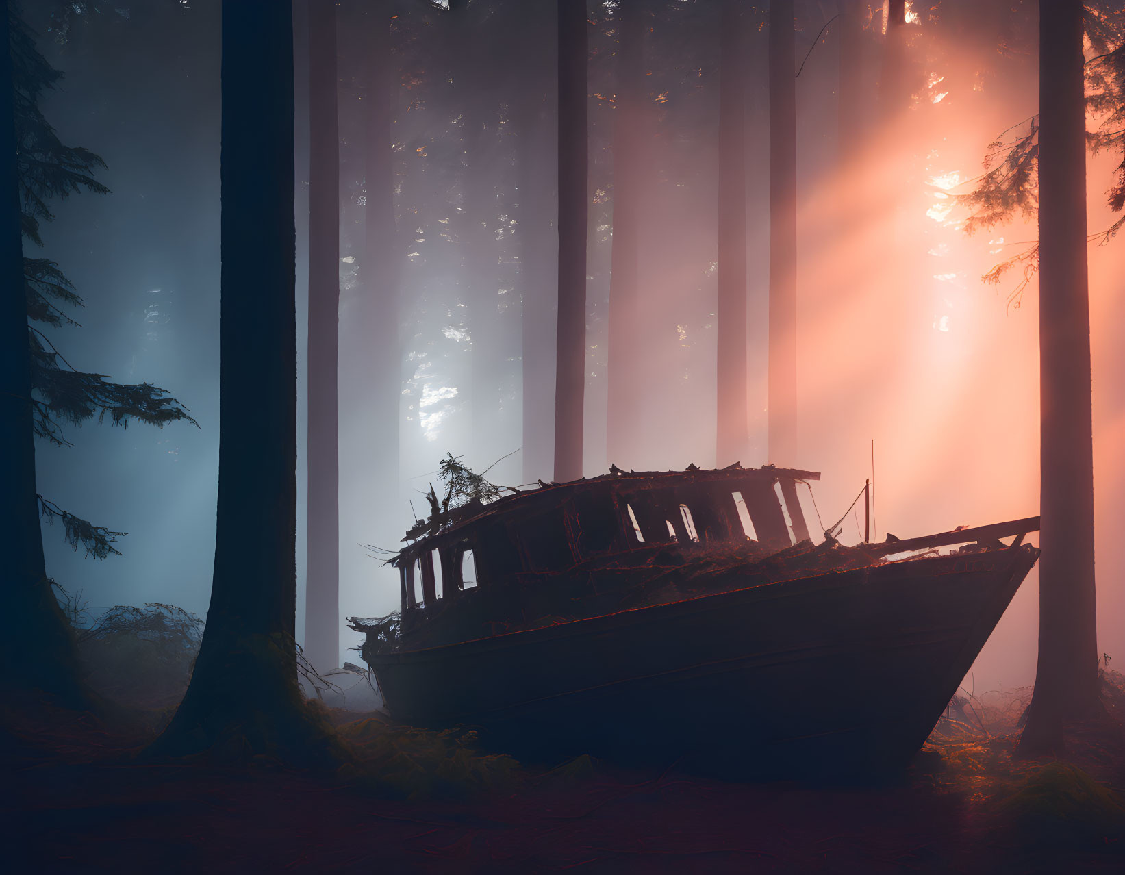 Abandoned boat in misty forest with sunbeams filtering through trees