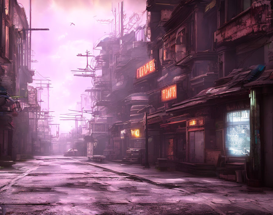 Desolate urban street with dilapidated buildings and neon signs