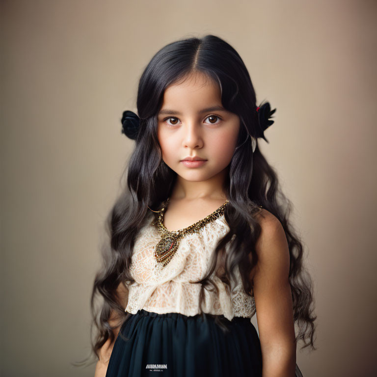 Young Girl with Dark Hair and Black Bows in White and Navy Dress on Neutral Background