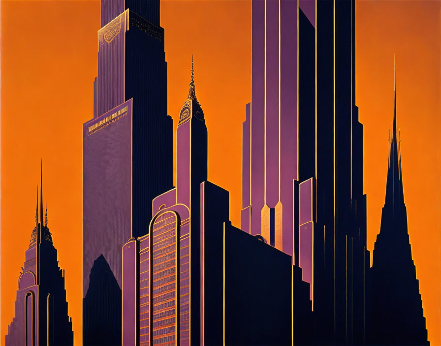 City skyline illustration with purple and orange art deco skyscrapers