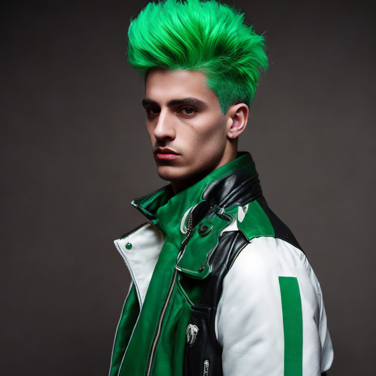 Vibrant green hair person in green & white leather jacket on dark background