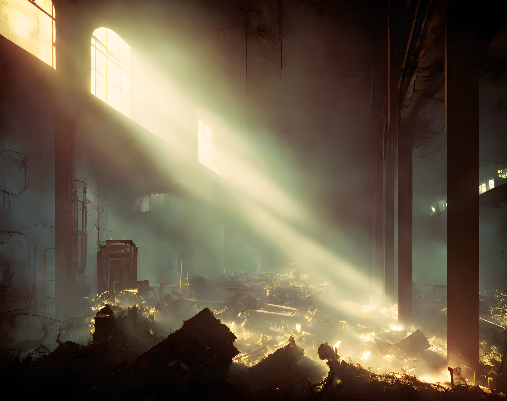 Abandoned factory with sunbeams through large arched window