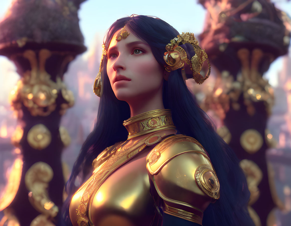 Digital artwork of woman with blue hair in golden armor against fantastical cityscape.
