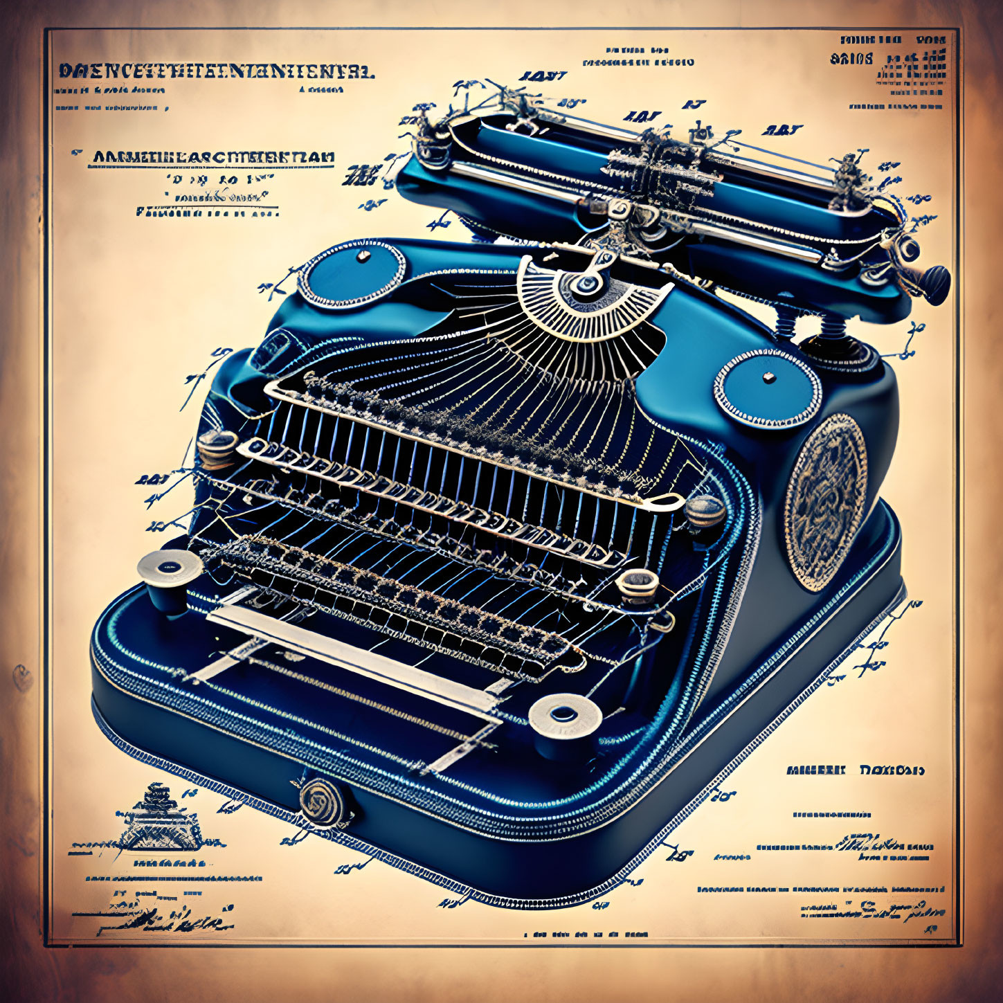 Detailed vintage typewriter technical blueprint with design annotations