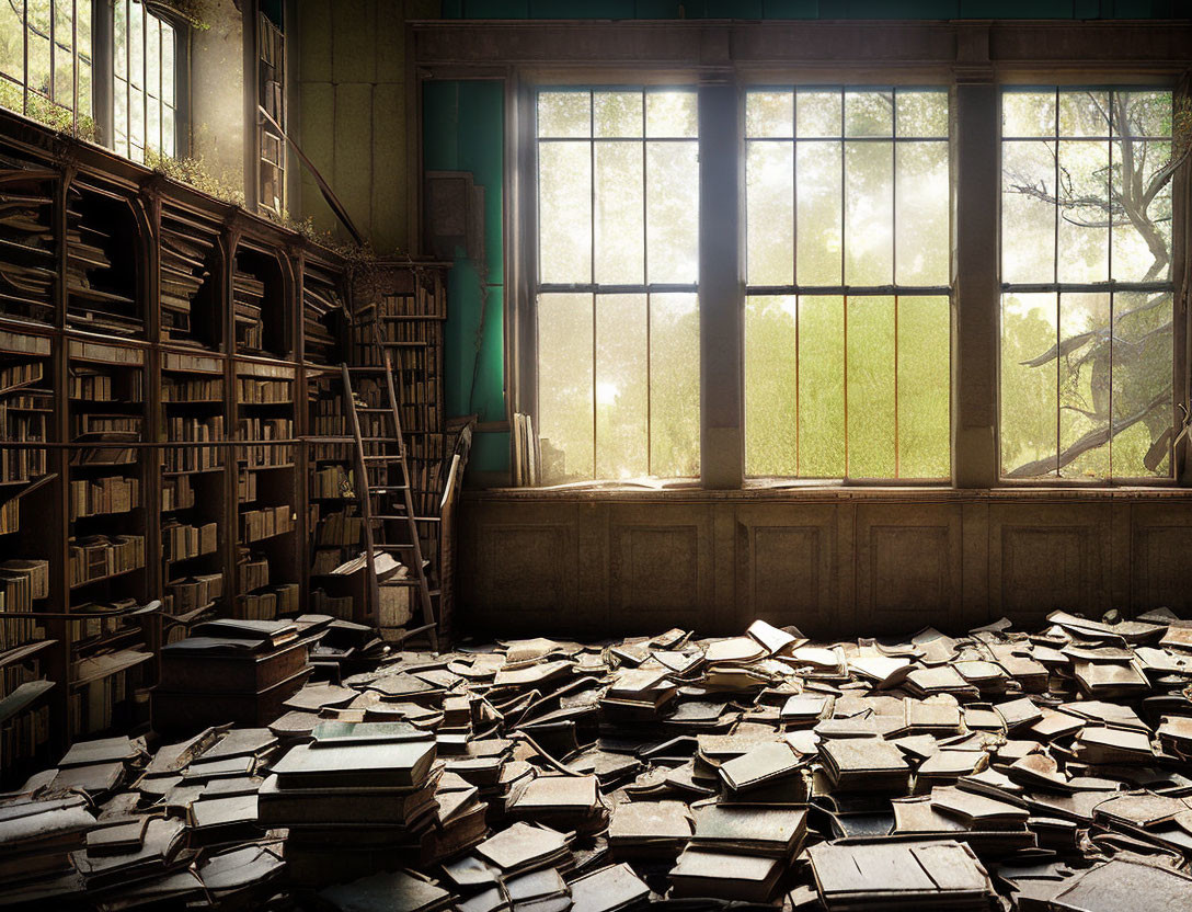 Abandoned library with scattered books and overgrown foliage captured in natural light