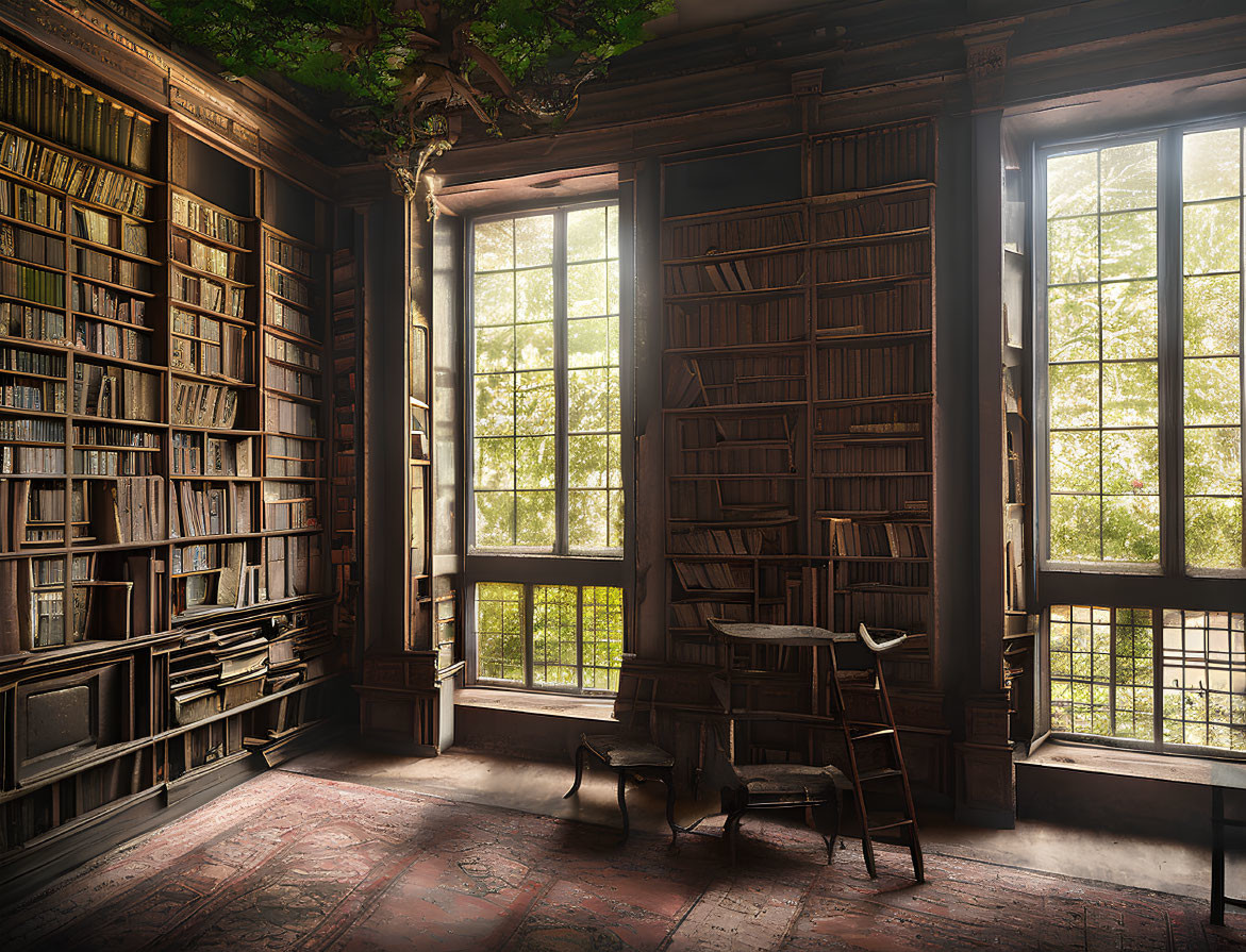 Vintage library with wood-paneled walls and large windows overlooking green foliage