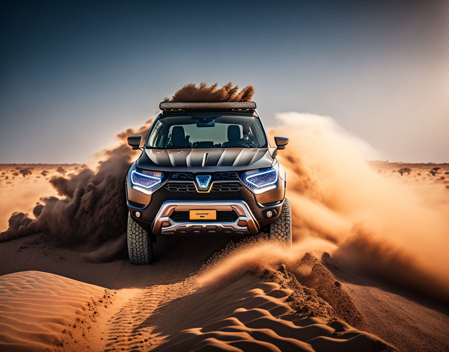 Off-road vehicle with LED headlights in desert terrain.