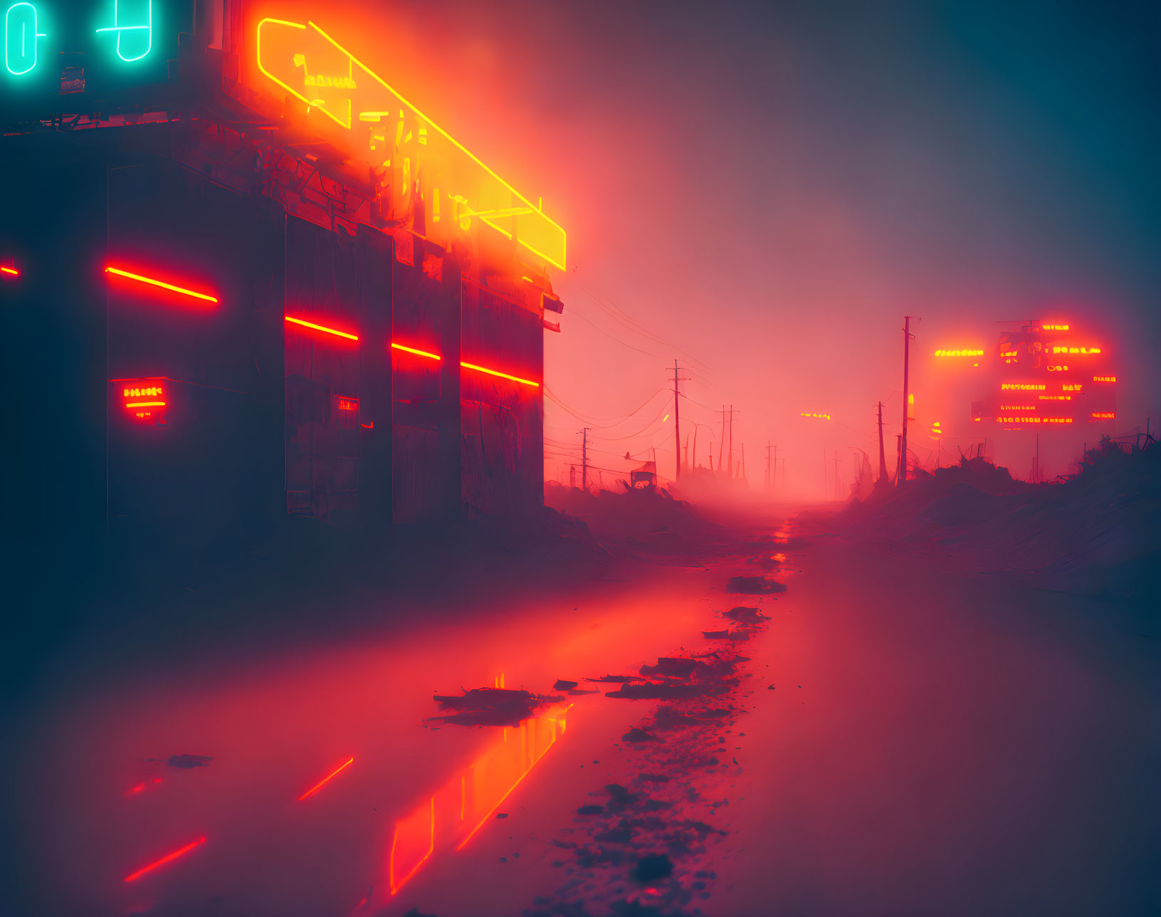 Neon-soaked street in foggy dystopian setting with glowing signs.