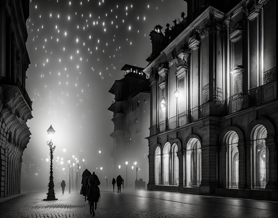 Monochrome picture of people walking on foggy, street-lit boulevard