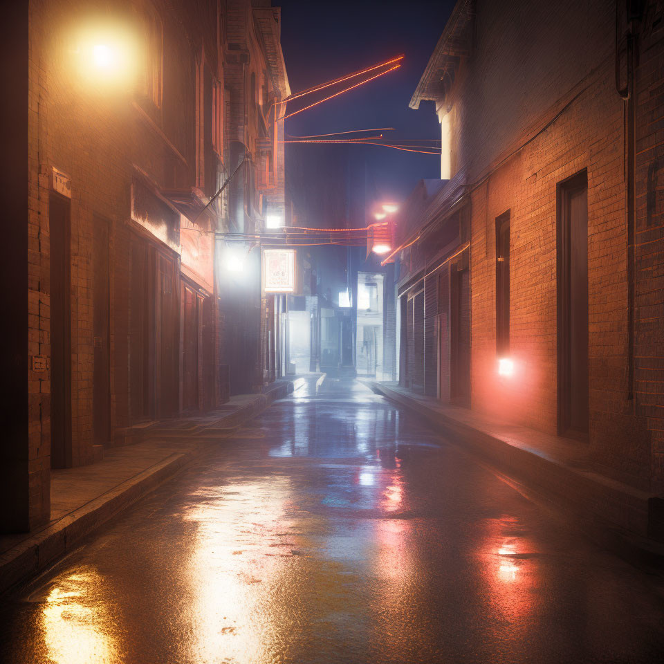Misty urban alley at night with glowing streetlights and neon signs