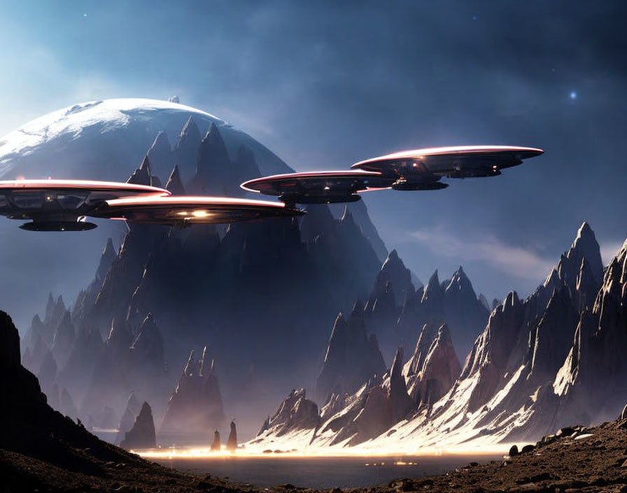 Futuristic spaceships near jagged mountains on alien planet