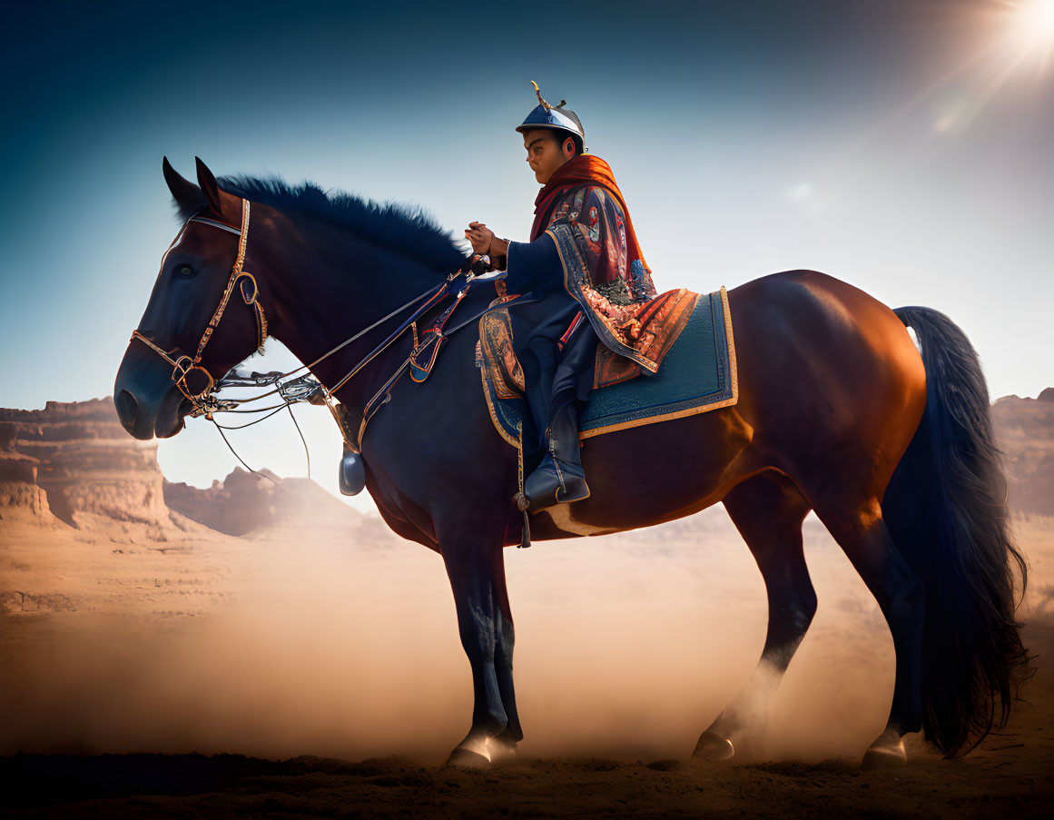 Traditional Rider on Dark Horse in Desert Landscape