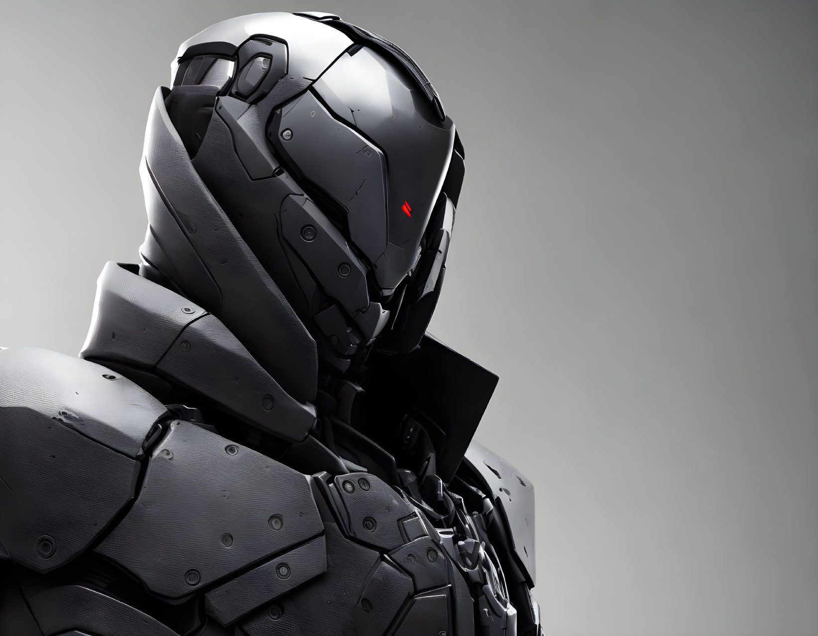 Black futuristic robotic suit with red visor helmet on gray background