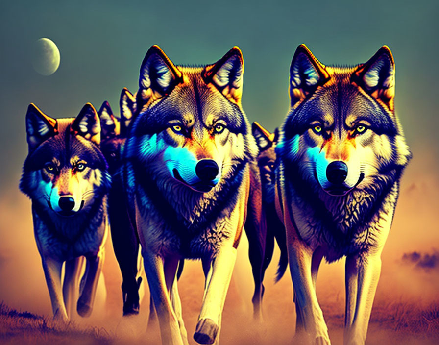 Pack of Wolves with Glowing Eyes Under Crescent Moon