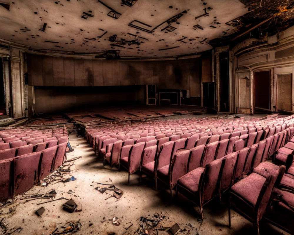 Decaying theater with damaged red seats and dilapidated stage