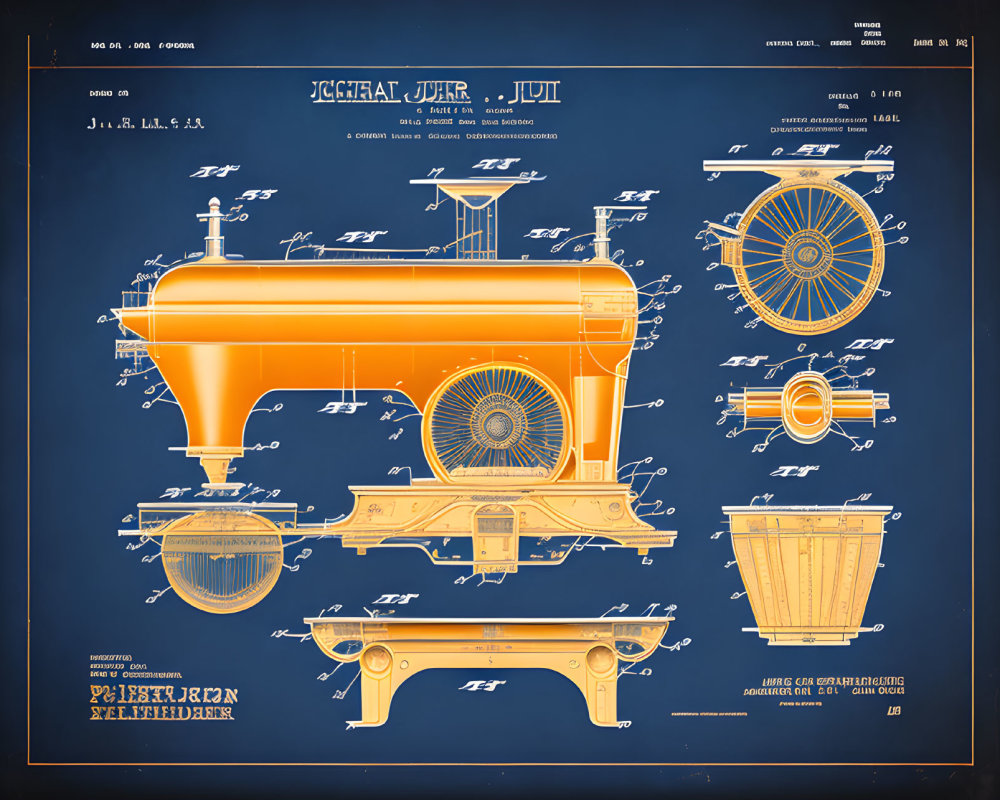 Vintage-style blueprint of an orange submarine with technical schematics reminiscent of Jules Verne's novel.