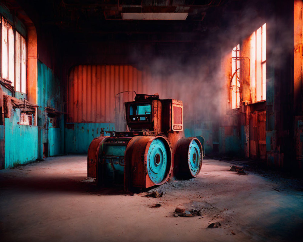 Abandoned rusty tractor in dusty warehouse with sunlight streaming