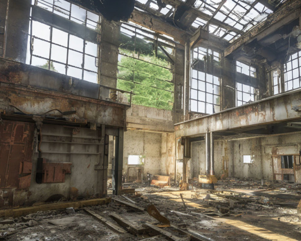 Abandoned industrial building with large windows and damaged ceilings