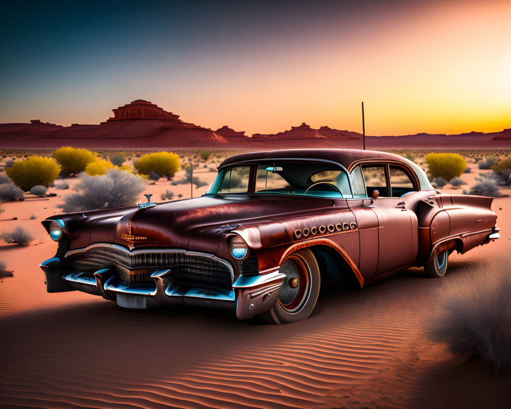 Classic Car in Desert Sunset with Orange and Purple Sky