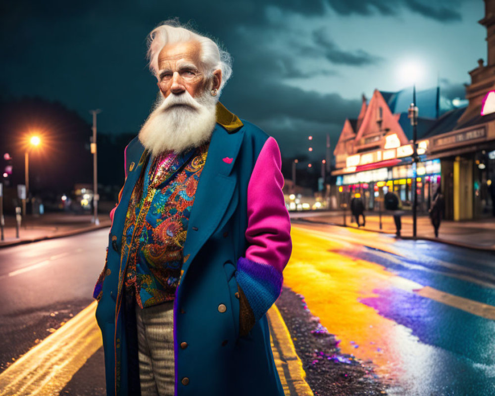 Elderly man with white beard in colorful attire at twilight street intersection.