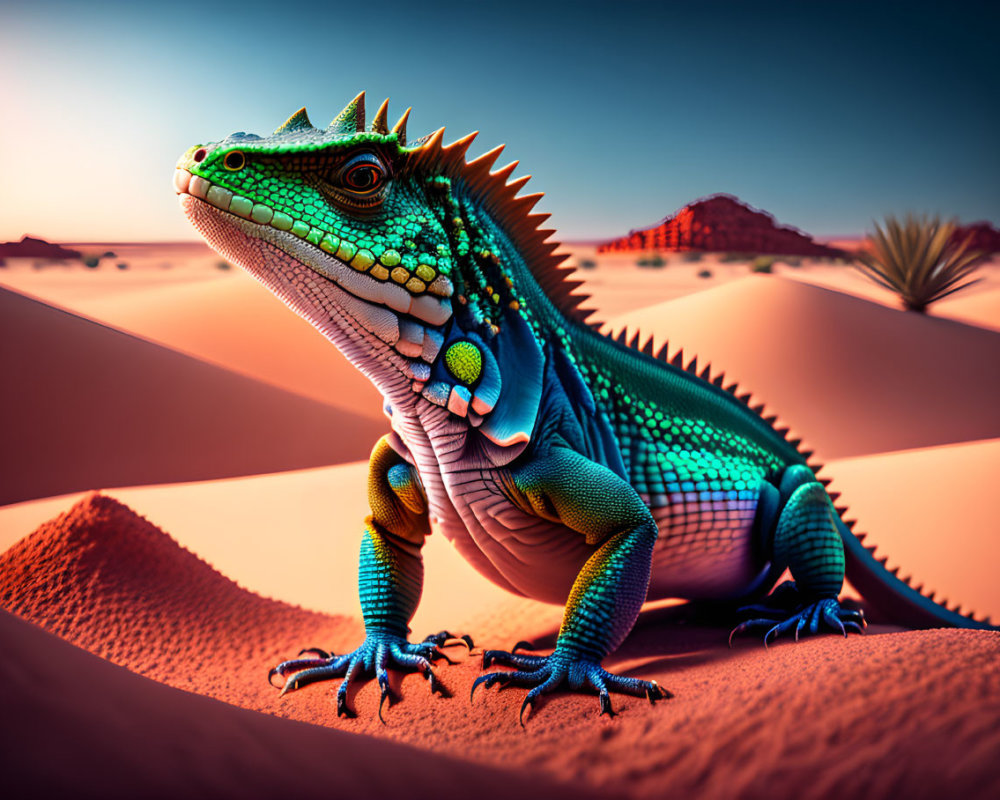 Colorful iguana on desert sand dune with mountains backdrop