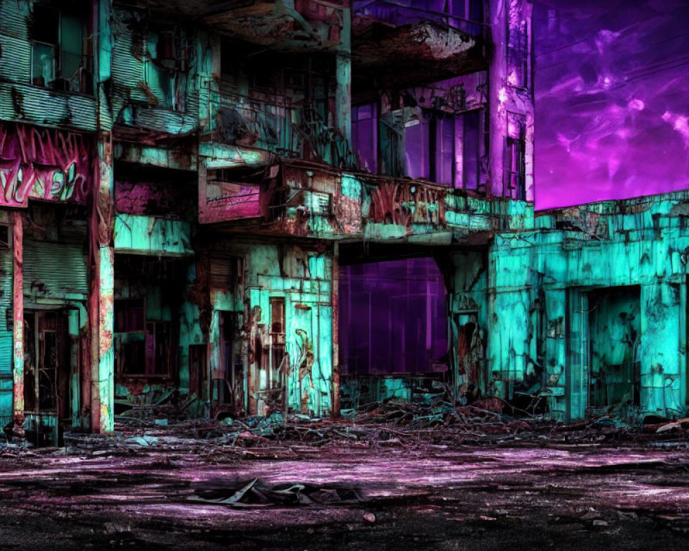 Vivid Post-Apocalyptic Urban Scene with Dramatic Purple Sky