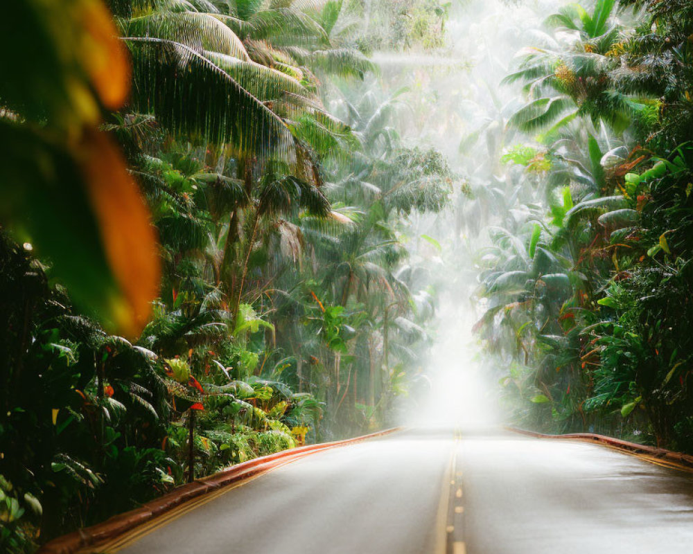 Tranquil tropical road enveloped in lush greenery and mist