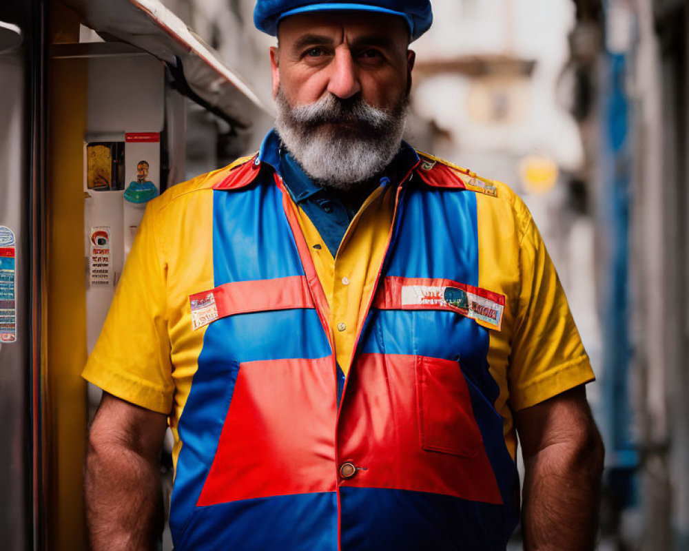 Bearded man in colorful uniform and blue cap in narrow alleyway